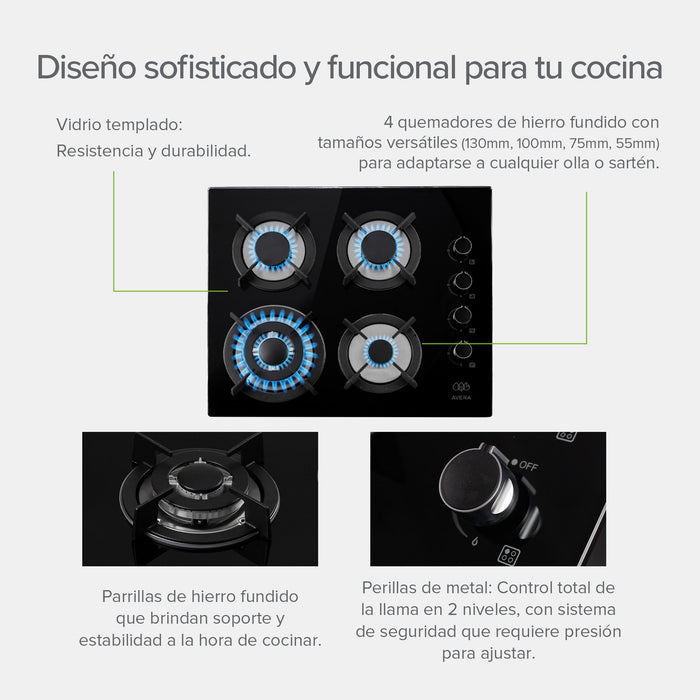 Combo Parrilla de gas Vidrio templado 4 quemadores + Campana de pared acero inoxidable 60 cm negro