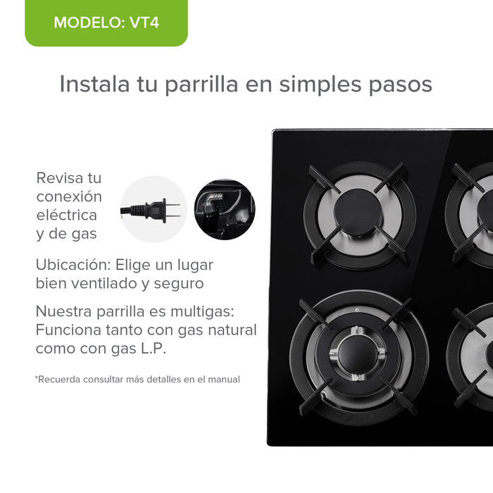 Combo Parrilla de gas Vidrio templado 4 quemadores + Campana de pared acero inoxidable 60 cm negro