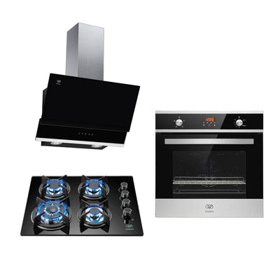 Tricombo Parrilla de gas 4 quemadores vidrio templado 60cm + Campana de pared inclinada 60 cm + Horno gas LP 58 L