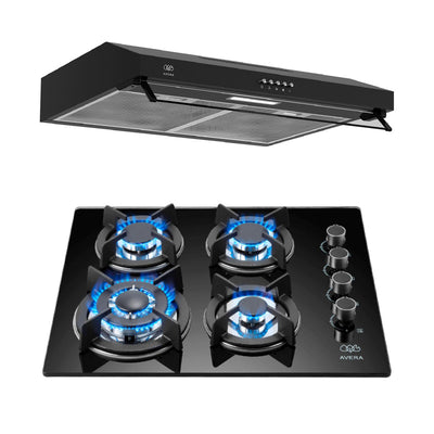 Combo Parrilla de gas 4 quemadores vidrio templado 60 cm + Campana de pared negra 60 cm