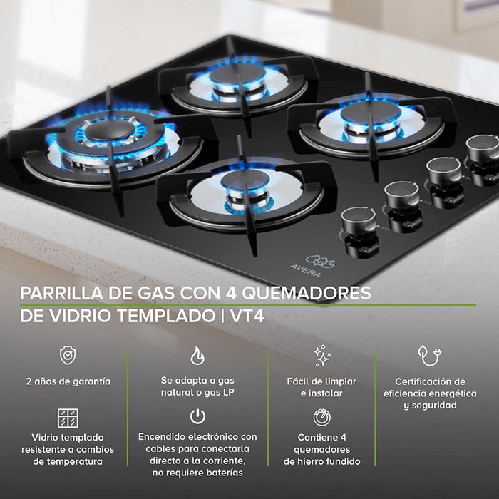 Parrilla de gas en vidrio templado con 4 quemadores + Campana de pared en acero inoxidable 76 cm