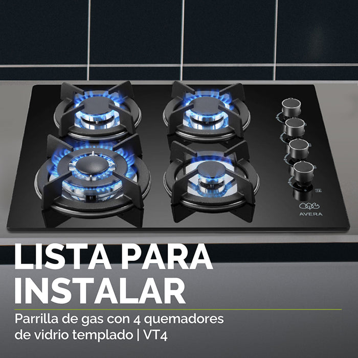 Parrilla de gas vidrio templado 4 quemadores + Campana pared cristal templado y controles digitales 60 cm + Horno eléctrico empotrable para gas natural