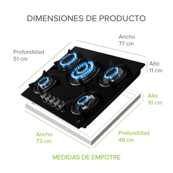 Combo Parrilla de gas Vidrio templado 5 quemadores + Campana de pared acero inoxidable 80 cm negro
