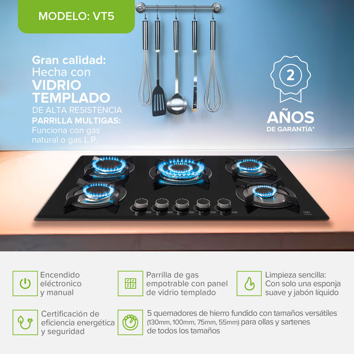 Combo Parrilla de gas Vidrio templado 5 quemadores + Campana de pared acero inoxidable 80 cm negro