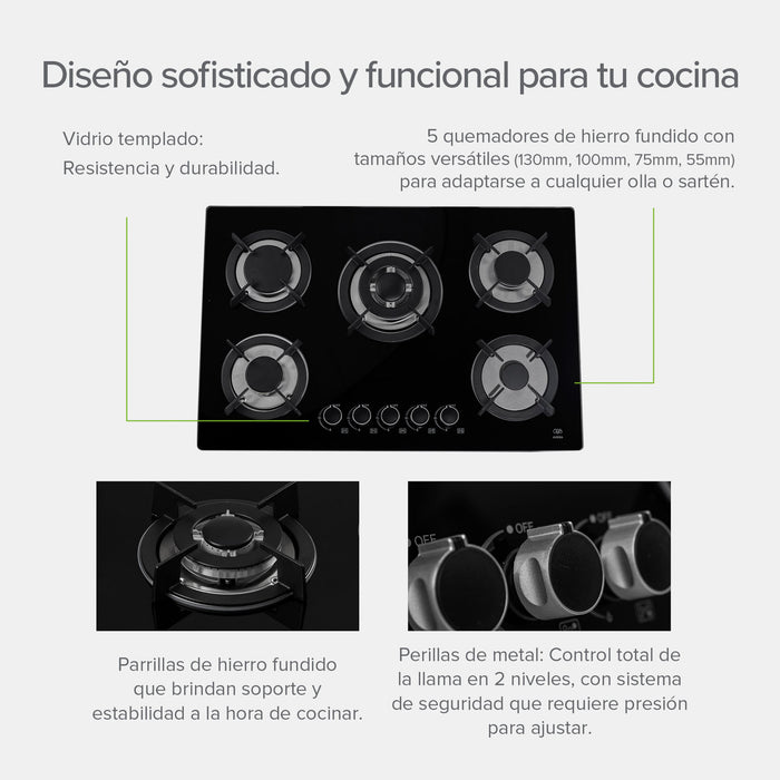 Combo Parrilla de gas Vidrio templado 5 quemadores + Campana de pared acero inoxidable 80 cm negro