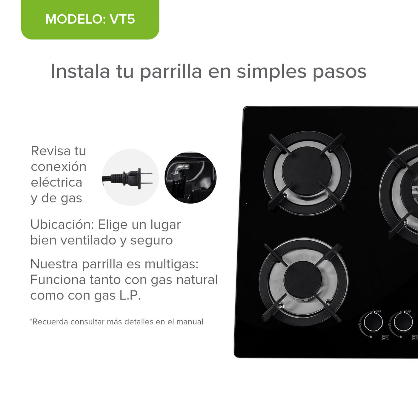 Combo Parrilla de gas 5 quemadores vidrio templado 77 cm + Campana de ...