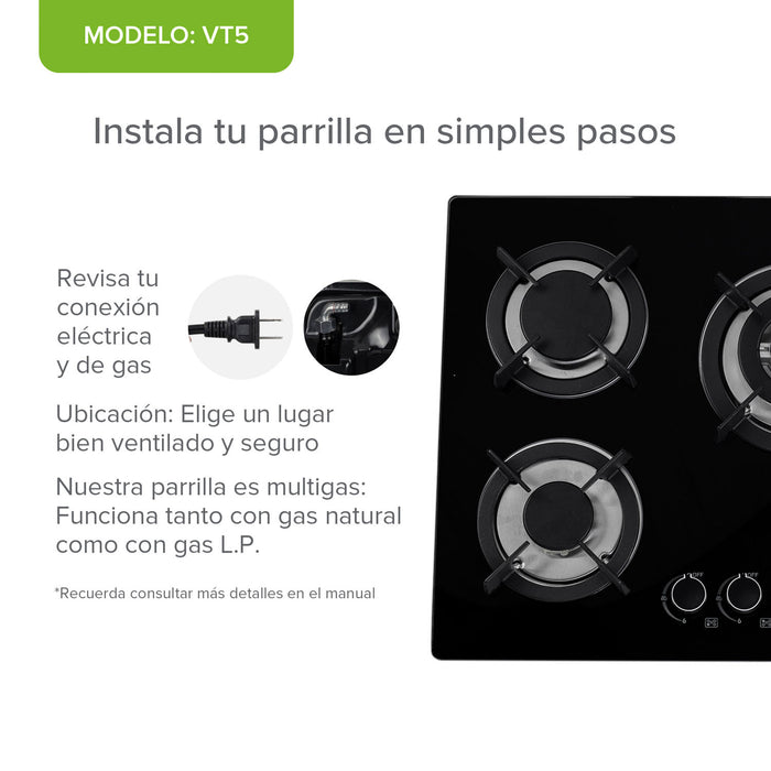 Combo Parrilla de gas Vidrio templado 5 quemadores + Campana de pared acero inoxidable 80 cm negro