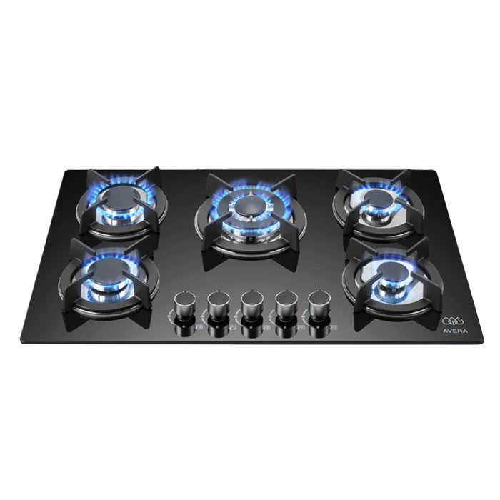 Parrilla de gas 5 quemadores 77 cm en vidrio templado con soporte circular y quemador central - negro