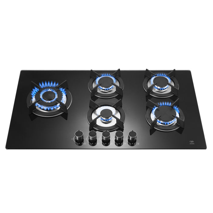 Parrilla de gas 5 quemadores 90 cm en vidrio templado con soporte circular - negro
