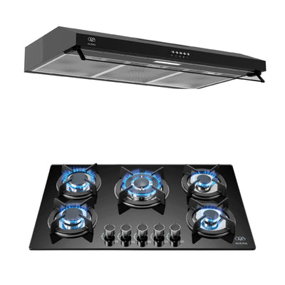 Combo Parrilla de gas 5 quemadores vidrio templado 77 cm + Campana de pared negra 80 cm