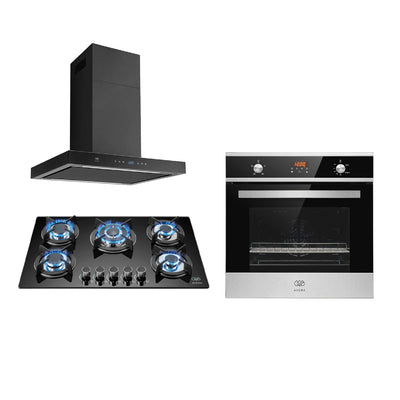 Tricombo Parrilla de gas 5 quemadores vidrio templado 77 cm + Campana para isla tipo T 76 cm + Horno gas LP 58 L
