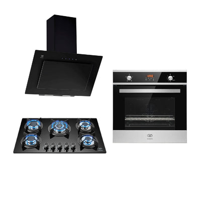 Tricombo Parrilla de gas 5 quemadores vidrio templado 77 cm + Campana de pared inclinada 90 cm + Horno gas LP 58 L