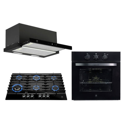 Tricombo Parrilla de gas 6 quemadores vidrio templado 90 cm + Campana de pared extraible táctil 90 cm + Horno eléctrico 67 L