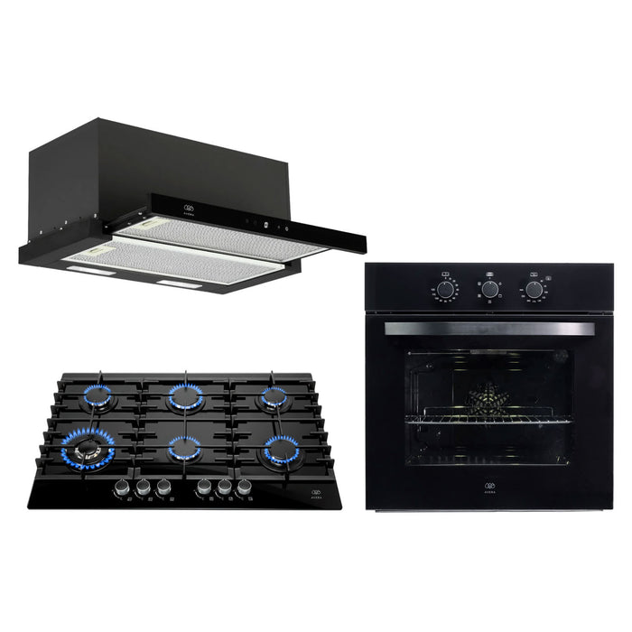 Tricombo Parrilla de gas 6 quemadores vidrio templado 90 cm + Campana de pared extraible táctil 90 cm + Horno eléctrico 67 L