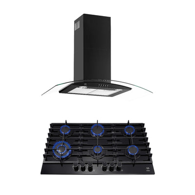 Combo Parrilla de gas 6 quemadores vidrio templado 90 cm + Campana de pared curva negra 90 cm