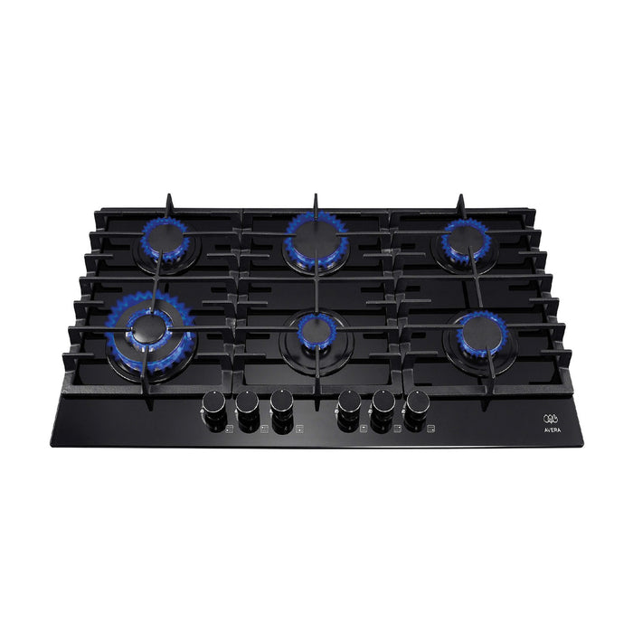 Combo Parrilla de gas 6 quemadores 90 cm + Campana de pared 90 cm con vidrio templado - negro