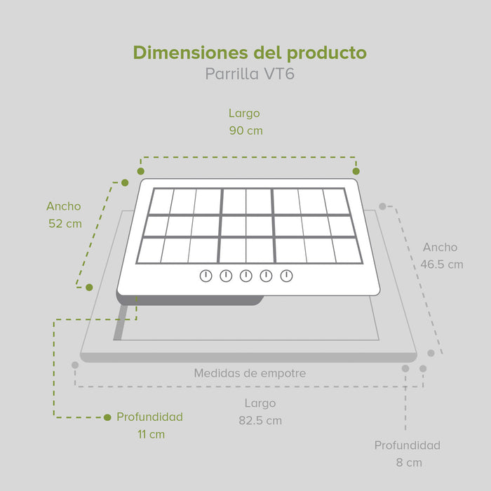 Combo Parrilla de gas 6 quemadores 90 cm + Campana de pared 90 cm con vidrio templado - negro