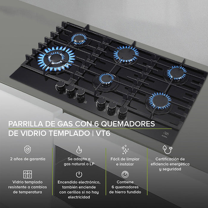 Parrilla de gas 6 quemadores + Campana pared cristal templado 90 cm + Horno eléctrico empotrable para gas natural