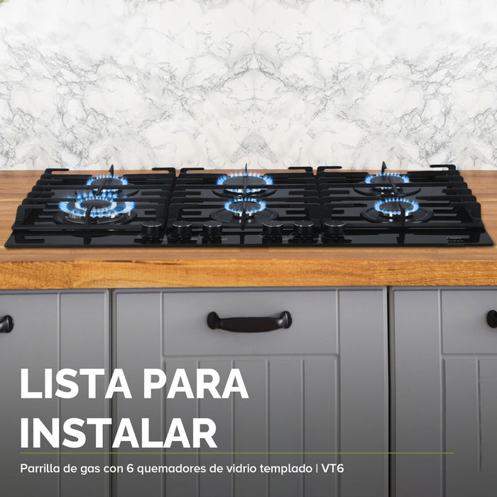 Combo Parrilla de gas 6 quemadores 90 cm + Campana de pared 90 cm con vidrio templado - negro