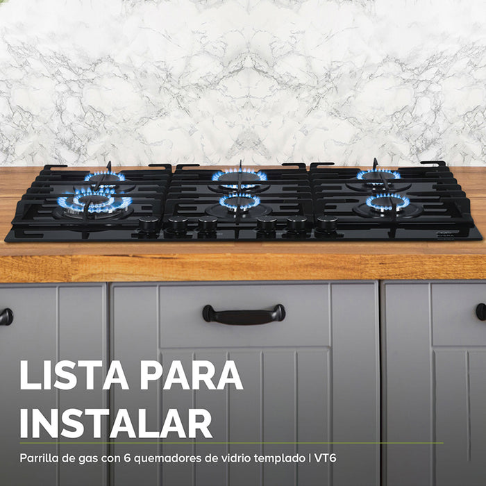 Parrilla de gas vidrio templado 6 quemadores + Campana de isla acero inoxidable negro 90 cm