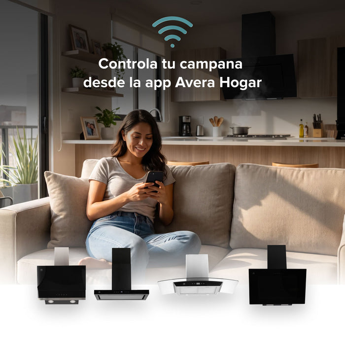 Campana de cocina de pared inclinada 90 cm, 800 m³/h de extracción control táctil y WiFi, vidrio templado - negro