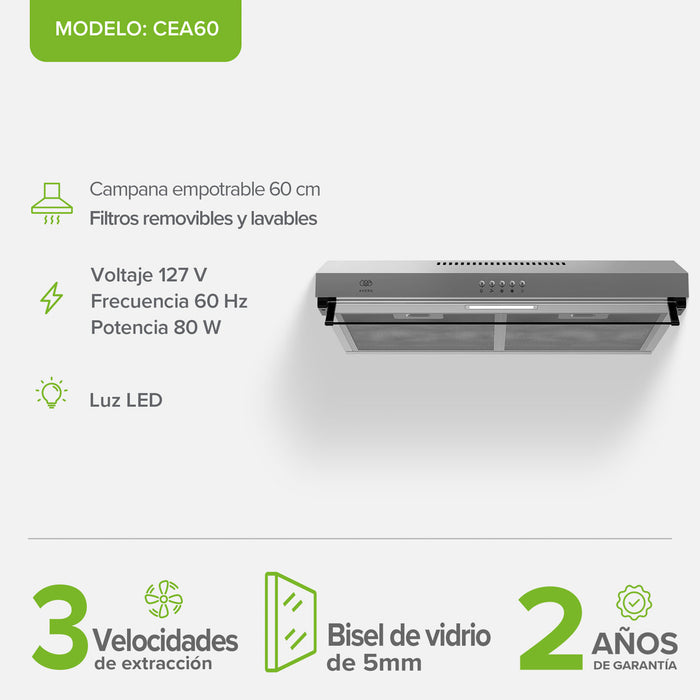 Campana extractora de pared, filtros removibles y lavables, empotrable de 60 cm, luz LED, 3 velocidades de extracción, Bisel de vidrio, voltaje, frecuencia, potencia 