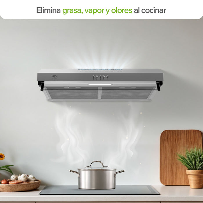 Campana en funcionamiento, cocina, hogar, elimina vapor, olores, grasa 