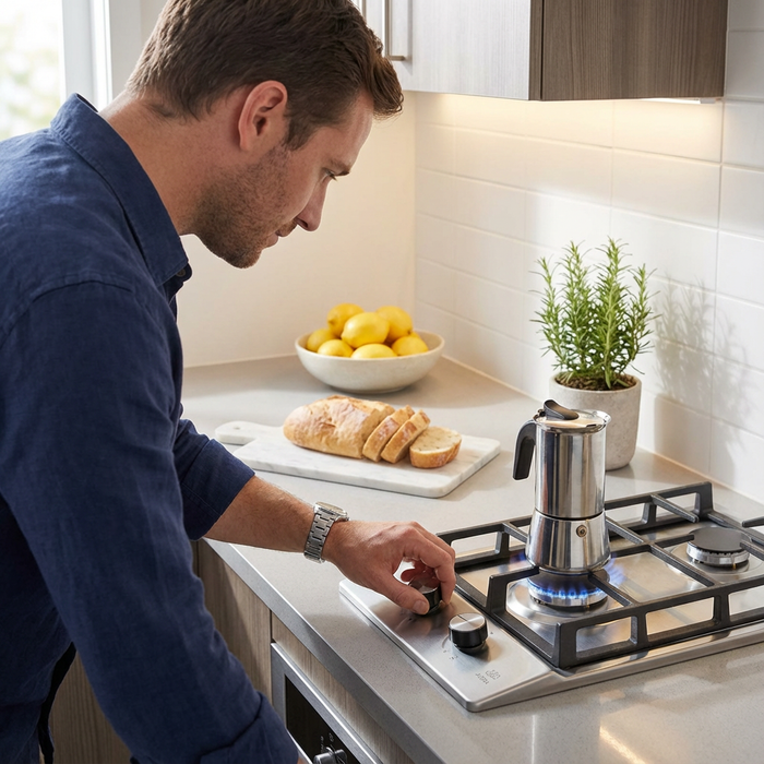 Hombre encendiendo la Parrilla de Gas 2 Quemadores Acero Inoxidable Avera bajo una cafetera moka en una cocina moderna.