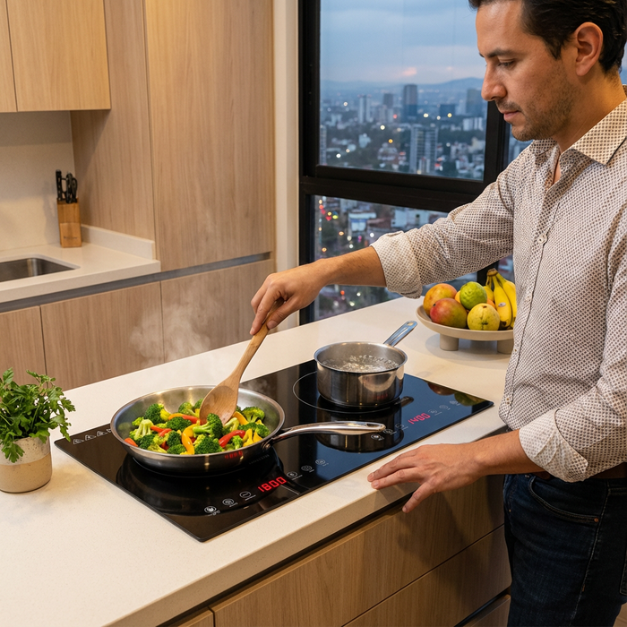 Una persona cocina en una Parrilla Inducción Avera de 2 quemadores empotrada en una cocina moderna, con sartenes y pantalla LED encendida.