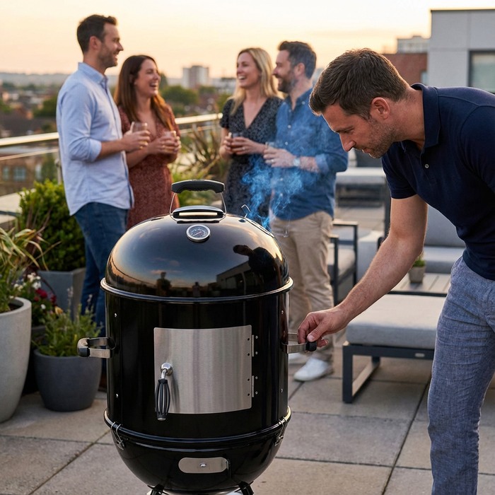 Hombre ajusta el Asador de carbón y ahumador 3 en 1 Avera tipo bala que humea en una terraza al atardecer, con amigos detrás.