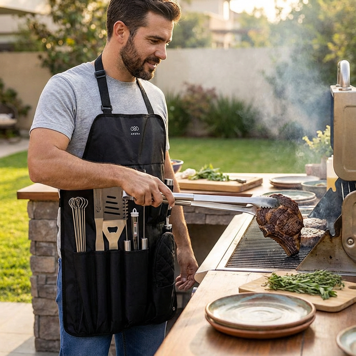 Hombre asa carne con las pinzas del Kit de utensilios para asador de acero inoxidable - 28 piezas Avera, visible en su mandil.