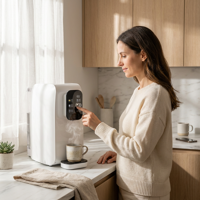 Mujer usa filtro de agua por ósmosis inversa Avera 3 L con control de temperatura en una cocina moderna.