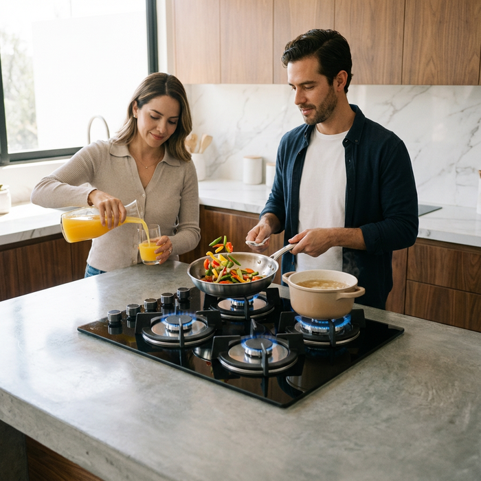 Pareja cocina en una isla moderna usando la Parrilla de Gas Avera de 4 quemadores y vidrio templado, con llamas azules activas.