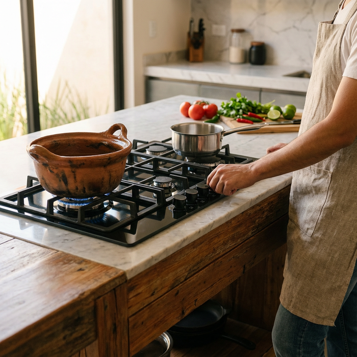 Persona cocinando con ollas en la Parrilla de Gas 5 Quemadores Acero Negro Avera, integrada en una isla de cocina rústica.