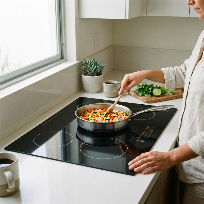Parrilla de Inducción Avera 5 Quemadores empotrada en cocina moderna, con una persona cocinando verduras.